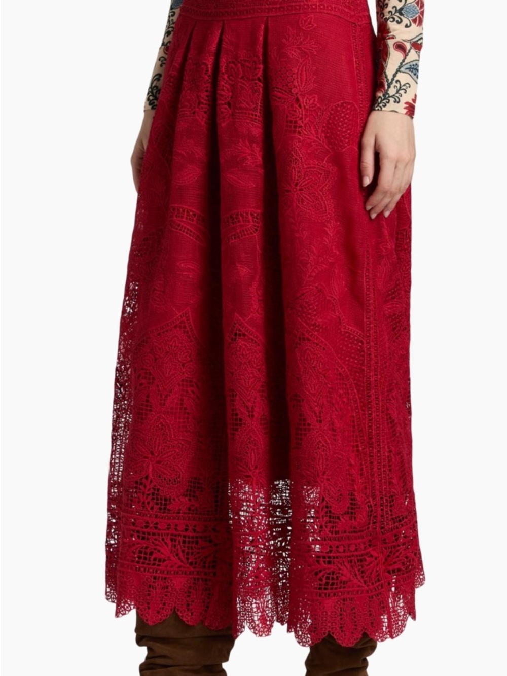 Farm Rio Red Boho Garden Guipure Lace Midi-Skirt - Picture 8 of 15